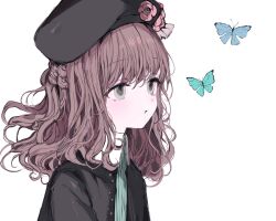 Rule 34 | 1girl, amnesia (idea factory), beret, black hat, black jacket, blue butterfly, blush, brown hair, bug, butterfly, collared dress, dress, expressionless, flower, green eyes, hair flower, hair ornament, hat, heroine (amnesia), highres, insect, jacket, long hair, open clothes, open jacket, parted lips, rose, simple background, sketch, solo, upper body, white background, yuyuyuyhz