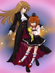 Rule 34 | 00s, 2girls, age difference, blonde hair, bug, butterfly, crown, dress, frills, hime cut, insect, mary janes, mother and daughter, multiple girls, orange hair, red footwear, red hair, shoes, socks, stuffed toy, umineko no naku koro ni, ushiromiya maria, ushiromiya rosa