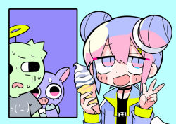 Rule 34 | 1girl, black choker, black eyes, black shirt, black sleeves, blue background, blush stickers, choker, commentary request, double bun, eyelashes, fingernails, food, green hood, hair bun, hair ornament, hairclip, halo, holding, holding food, holding ice cream, holding ice cream cone, hood, hood down, hooded jacket, hooves, ice cream, ice cream cone, indie utaite, jacket, long sleeves, looking to the side, multicolored hair, nanawo akari, open clothes, open jacket, open mouth, pig, pink eyes, pink hair, purple hair, purple jacket, purple sleeves, shirt, short hair, short sleeves, simple background, smile, sweat, t-shirt, terada tera, two-tone hair, upper body, utaite, v, white wings, wings, yellow halo