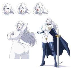 Rule 34 | 1girl, ass, boots, breasts, character sheet, devil-v, gloves, huge ass, huge breasts, lady death, lipstick, makeup, naughty face, nude, sword, thighhighs, weapon, white hair
