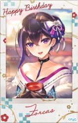 1girl :d black_choker black_hair blue_bow blue_sky blurry blurry_background bow breasts character_name choker cleavage cloud commentary_request copyright_notice crossed_bangs cup day forcas g-row gloves hair_between_eyes hair_bow hair_bun happy_birthday holding holding_cup japanese_clothes kimono long_hair looking_at_viewer multicolored_hair official_alternate_costume official_art open_mouth phantom_of_the_kill polaroid_photo purple_bow purple_eyes purple_hair second-party_source shrine single_hair_bun sky smile solo streaked_hair two-handed white_bow white_kimono