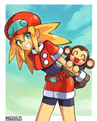 Rule 34 | 1girl, absurdres, animal, artist name, belt, bike shorts, blonde hair, brown gloves, cabbie hat, commentary, covered navel, cropped jacket, data (mega man), english commentary, gloves, green eyes, hat, highres, holding, holding animal, jacket, long hair, mag (magdraws), mega man (series), mega man legends (series), monkey, outdoors, red headwear, red jacket, red shorts, roll caskett (mega man), short sleeves, shorts, sky, smile