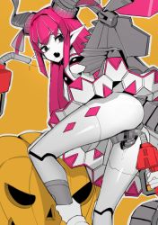 Rule 34 | 1girl, android, ankle grab, ass, censored, elizabeth bathory (fate), fate/extra, fate/extra ccc, fate/grand order, fate (series), feet out of frame, fuel, horns, jack-o&#039;-lantern, leaning forward, long pointy ears, mecha eli-chan (fate), mosaic censoring, open mouth, outline, pink hair, pointy ears, pumpkin, refueling, robot, saliva, sexually suggestive, simple background, standing, upskirt, what, white outline, wings, yellow background