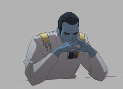 Rule 34 | 0109 (artist), 1boy, blue skin, chiss, colored skin, galactic empire, gendou pose, grand admiral thrawn, hands clasped, highres, military uniform, own hands clasped, own hands together, pen, solo, star wars, thinking, uniform, white uniform