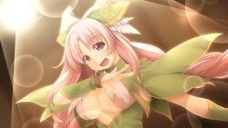 Rule 34 | 1girl, atelier-moo, braid, breasts, cleavage, curtained hair, dancing, dress, hair ornament, hair ribbon, highres, idol, large breasts, long hair, nina lazydaisy, open mouth, pink eyes, pink hair, ribbon, smile, solo, spotlight, twin braids, upper body, wizards symphony