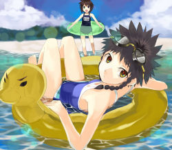Rule 34 | 00s, 2girls, :d, afloat, barefoot, beach, braid, competition swimsuit, day, flat chest, goggles, goggles on head, heterochromia, innertube, kabocha, kabocha (monkey4), legs up, lens flare, looking at viewer, looking back, lying, minagi mikoto, multiple girls, my-hime, on back, one-piece swimsuit, open mouth, outdoors, partially submerged, rozen maiden, school swimsuit, smile, soaking feet, souseiseki, swim ring, swimsuit, tatsuki yuuta, wading, water