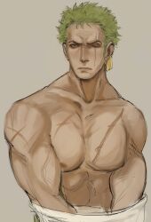 Rule 34 | 1boy, absurdres, bara, bare pectorals, crimcres, frown, green hair, highres, large pectorals, looking to the side, male focus, multiple scars, muscular, muscular male, nipples, one piece, pectorals, roronoa zoro, scar, scar across eye, short hair, solo, undressing, unfinished, upper body