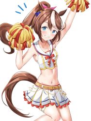 Rule 34 | 1girl, animal ears, armpits, arms up, bare shoulders, belt, blue eyes, blush, bow, breasts, brown hair, cheerleader, collarbone, commentary request, cosplay, cowboy shot, crop top, dusu (htkj), grin, groin, hair between eyes, hair bow, hair flaps, high ponytail, highres, holding, holding pom poms, horse ears, horse girl, horse tail, long hair, looking at viewer, midriff, multicolored hair, navel, nice nature (run&amp;win) (umamusume), nice nature (umamusume), nice nature (umamusume) (cosplay), notice lines, pink bow, pleated skirt, pom pom (cheerleading), pom poms, ponytail, shirt, sidelocks, simple background, skirt, sleeveless, sleeveless shirt, small breasts, smile, solo, standing, standing on one leg, streaked hair, tail, teeth, thigh strap, tokai teio (umamusume), two-tone hair, umamusume, white background, white hair, white shirt, white skirt, yellow belt