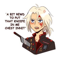 Rule 34 | 1boy, allen walker, andythelemon, anger vein, d.gray-man, english text, grey eyes, highres, knife, light blush, long hair, male focus, pale skin, ponytail, solo, solo focus, stab, white background, white hair