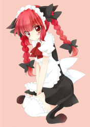 Rule 34 | 1girl, alternate costume, animal ears, apron, blush, braid, cat ears, cat girl, cat tail, enmaided, extra ears, female focus, kaenbyou rin, long hair, maid, maid apron, maid headdress, mao (alepricos), red eyes, sitting, solo, tail, thighhighs, touhou, twin braids, twintails, white thighhighs