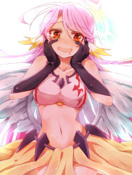 Rule 34 | 10s, 1girl, angel wings, bad id, bad pixiv id, blush, breasts, spiked halo, drooling, feathered wings, gloves, halo, hands on own cheeks, hands on own face, highres, jibril (no game no life), long hair, looking at viewer, low wings, magic circle, midriff, mirai nikki, navel, no game no life, orange eyes, pink hair, smile, solo, tsukihi, wavy mouth, wings, yandere trance