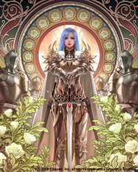 Rule 34 | 1girl, armor, blue hair, cape, copyright name, derigal, dragon&#039;s shadow, eudia (serenity2200), fantasy, flower, gauntlets, greaves, jewelry, long hair, looking afar, looking at viewer, official art, pendant, planted sword, planted, sheath, sheathed, standing, sword, watermark, weapon, white cape