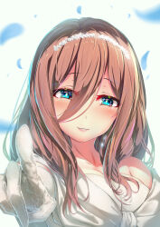 Rule 34 | 1girl, aqua eyes, blue eyes, blush, breasts, brown hair, cleavage, collarbone, commentary request, dress, falling petals, gloves, go-toubun no hanayome, hair between eyes, large breasts, long hair, looking at viewer, nakano miku, parted lips, petals, sidelocks, simple background, smile, solo, tearing up, tears, upper body, wedding dress, white background, white dress, white gloves, wingheart
