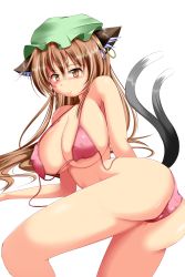 Rule 34 | 1girl, alternate hair length, alternate hairstyle, animal ears, ass, bikini, blush, breasts, brown hair, cat ears, cat tail, chen, covered erect nipples, earrings, hat, highres, hiro (amoto), jewelry, large breasts, long hair, mob cap, multiple tails, nekomata, aged up, pink bikini, slit pupils, smile, solo, swimsuit, tail, touhou, untied, yellow eyes