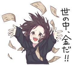 Rule 34 | 1girl, arms up, black hoodie, brown hair, from above, hood, hoodie, money, nanase kurumi (menhera-chan), original, pomu (joynet), solo