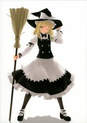 Rule 34 | 1girl, absurdres, black pantyhose, blonde hair, braid, breasts, broom, female focus, hand on headwear, hat, highres, kirisame marisa, long hair, mary janes, one eye closed, pantyhose, rokuwata tomoe, scan, shoes, small breasts, smile, solo, standing, touhou, wink, witch, witch hat, yellow eyes