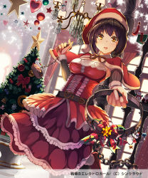 Rule 34 | 1girl, bare shoulders, bell, belt, bow, capelet, chain, chandelier, christmas, christmas tree, copyright name, detached sleeves, dress, gift, hat, heart, looking at viewer, official art, original, ornament, outstretched hand, red dress, santa hat, senjou no electro girl, snowflakes, snowman, solo, sparkle, star (symbol), takanori yamada, toy, yellow eyes