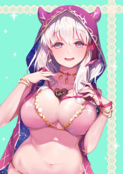 Rule 34 | 1girl, bare shoulders, bikini, blue background, blush, breasts, candy, chocolate, chocolate heart, cleavage, collarbone, earrings, fate/grand order, fate (series), food, food on body, food on breasts, hair between eyes, hair ribbon, heart, hood, horned hood, horns, jewelry, kama (chocolate heaven) (fate), kama (fate), kanola u, large breasts, long hair, looking at viewer, navel, necklace, open mouth, pink bikini, pink ribbon, red eyes, ribbon, silver hair, smile, solo, sparkle, star (sky), swimsuit, valentine, white legwear