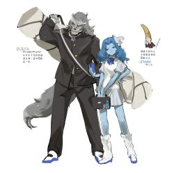 Rule 34 | 1boy, 2girls, backpack, bag, black jacket, black pants, blaidd the half-wolf, blue bow, blue bowtie, blue eyes, blue footwear, blue hair, blue skin, blush, bow, bowtie, cellphone, chinese text, closed mouth, colored skin, contemporary, contrapposto, elden ring, extra arms, furry, furry male, gakuran, green eyes, grey skirt, hand on own hip, hat, height difference, highres, holding, holding phone, jacket, leg warmers, long hair, looking at viewer, mini hat, miniskirt, mother and daughter, multiple girls, one eye closed, pants, phone, ranni the witch, rennala queen of the full moon, school uniform, shinnasuka025, shoes, simple background, skirt, smartphone, smile, sweater vest, translation request, vest, white background, white vest
