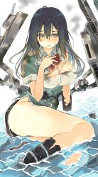 Rule 34 | 10s, 1girl, arm support, ass, black eyes, black footwear, black gloves, black hair, blush, boots, breasts, bruise, burnt clothes, chikuma (kancolle), commentary request, elbow gloves, gloves, hair between eyes, hand on own chest, injury, kantai collection, large breasts, long hair, looking at viewer, machinery, open mouth, partially submerged, pelvic curtain, puffy short sleeves, puffy sleeves, shimeji (4 me ji), short sleeves, side slit, single glove, single thighhigh, sitting, solo, thighhighs, thighs, torn boots, torn clothes, water