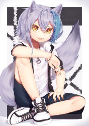 Rule 34 | 1girl, absurdres, animal ears, arm on knee, bangle, black shorts, bracelet, butterfly sitting, claws, commentary request, dated, fangs, flat chest, fur-trimmed jacket, fur collar, fur trim, gunjou row, hair between eyes, high tops, highres, jacket, jewelry, knee up, light purple hair, looking at viewer, multicolored hair, nail polish, necklace, on ground, open mouth, open jacket, orange nails, original, peace symbol, shadow, sharp teeth, shirt, shoes, short hair, shorts, signature, sitting, sneakers, solo, streaked hair, tail, teeth, track jacket, two-tone background, white shirt, wolf ears, wolf tail, yellow eyes