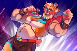 Rule 34 | 1boy, bara, bear boy, bear tail, beard, belly, bracelet, brown hair, clenched hand, cowboy shot, dutch angle, facial hair, fingernails, five nights at freddy&#039;s, freddy fazbear, full beard, ginacookies, glamrock freddy, hairy, happy, hat, highres, holding, holding microphone, humanization, idol, jewelry, large pectorals, looking at viewer, male focus, mature male, microphone, mini hat, muscular, muscular male, music, pectorals, sharp fingernails, short hair, singing, solo, spiked bracelet, spikes, standing, tail, thick arm hair, thick beard, thick chest hair, thick eyebrows, top hat