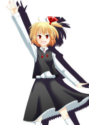 Rule 34 | 1girl, ahoge, blonde hair, embodiment of scarlet devil, fang, female focus, hair ribbon, hand up, kuze, open m/, red eyes, ribbon, rumia, skirt, solo, touhou, white background