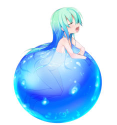 Rule 34 | 1girl, aqua hair, blue hair, blush, closed eyes, flat chest, floating, gradient hair, highres, long hair, morino donguri, multicolored hair, nude, open mouth, original, partially submerged, smile, solo, orb, water, white background