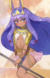 Rule 34 | 1girl, absurdres, animal ears, armor, belly chain, blush, breasts, closed mouth, dark-skinned female, dark skin, earrings, egyptian, egyptian clothes, facepaint, facial mark, fate/grand order, fate (series), hair tubes, hairband, highres, hoop earrings, jackal ears, jewelry, long hair, looking at viewer, low-tied long hair, navel, nitocris (fate), pauldrons, pocari (sq551), purple eyes, purple hair, shoulder armor, sidelocks, small breasts, smile, solo, staff, thighs, usekh collar