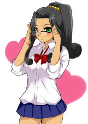 Rule 34 | 00s, 1girl, :3, bad id, bad pixiv id, bespectacled, black hair, blush, bow, bowtie, curly hair, dress shirt, fuurin kingyou, glasses, green eyes, high ponytail, highres, long hair, pleated skirt, ponytail, sakura taisen, sakura taisen ii, shirt, skirt, soletta orihime, solo