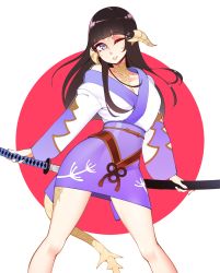 Rule 34 | 1girl, au ra, warrior of light (ff14), black hair, blunt bangs, commentary, commission, contrapposto, english commentary, final fantasy, final fantasy xiv, halphelt, head tilt, hime cut, holding, holding sword, holding weapon, horns, japanese clothes, katana, kimono, legs apart, long hair, long sleeves, looking at viewer, one eye closed, purple eyes, purple kimono, scabbard, scales, sheath, short kimono, smile, solo, sword, unsheathing, weapon