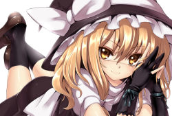 Rule 34 | 1girl, bad id, bad pixiv id, blonde hair, close-up, female focus, fingerless gloves, gloves, hat, kirisame marisa, looking at viewer, lying, on stomach, own hands together, smile, solo, takemori shintarou, touhou, tsurime, witch, witch hat, yellow eyes