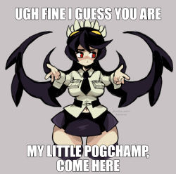 Rule 34 | 1girl, black hair, black necktie, blush, cowboy shot, cropped legs, embarrassed, english text, facing viewer, filia (skullgirls), grey background, highres, joanna went bananas, long hair, looking to the side, meme, microskirt, miniskirt, my little pogchamp (meme), navel, necktie, pleated skirt, reaching, reaching towards viewer, red eyes, samson (skullgirls), school uniform, simple background, skirt, skullgirls, solo, standing, thick thighs, thighs, wide hips