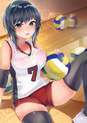 Rule 34 | 1girl, ahoge, amanda shiro, aqua eyes, arm at side, arm support, ball, bare shoulders, black hair, black thighhighs, blue eyes, blush, bra, collarbone, elbow pads, gym shirt, gym shorts, gym uniform, highres, holding, holding ball, indoors, knee up, lace, lace-trimmed bra, lace trim, looking at viewer, moe2017, mole, mole under eye, open mouth, original, pink bra, red shorts, see-through, shirt, shoes, short hair, short hair with long locks, short shorts, shorts, sidelocks, sitting, skindentation, sleeveless, sleeveless shirt, solo, sparkle, sportswear, sweat, thighhighs, underwear, volleyball, volleyball (object), volleyball uniform, wet, wet clothes, wet shirt, white footwear, wooden floor