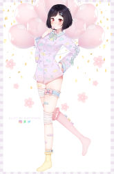 Rule 34 | 1girl, absurdres, artist name, balloon, bandaged leg, bandages, black hair, blush, bow, breasts, candy, candy print, commentary, commission, deviantart logo, english commentary, flower, food, heart, highres, instagram logo, kneehighs, large breasts, long sleeves, looking at viewer, original, pink flower, pink ribbon, pink socks, puppypaww, red eyes, ribbon, shirt, short hair, socks, solo, tagme, twitter logo, yellow socks