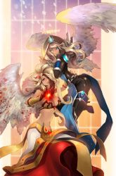 Rule 34 | 2girls, angel, blonde hair, blood, blue eyes, bodysuit, boots, breasts, cleavage, earrings, fingernails, grin, halo, hat, high heels, highres, jewelry, kayle (league of legends), large breasts, league of legends, lips, long fingernails, long hair, midriff, morgana (league of legends), multiple girls, nail polish, nal (nal&#039;s pudding), navel, parted lips, pointy ears, red eyes, shoes, siblings, sisters, smile, thigh boots, thighhighs, wings
