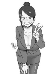Rule 34 | 1girl, asymmetrical bangs, bijin onna joushi takizawa-san, black eyes, black hair, blush, bouncing breasts, breasts, business suit, cleavage, collarbone, curvy, earrings, eyebrows, female focus, formal, hair bun, hand on own thigh, hourglass, hunched over, japanese text, jewelry, large breasts, legs, long bangs, looking at viewer, mole, mole under mouth, monochrome, necklace, office lady, pantyhose, parted bangs, pen (medium), pencil skirt, sagging breasts, skirt, smile, solo, solo focus, sound effects, standing, suit, sweat, sweatdrop, takizawa kyouko, traditional media, undershirt, v, yan-baru