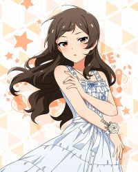Rule 34 | 1girl, blush, bow, brown eyes, brown hair, dress, hand on own arm, idolmaster, idolmaster million live!, idolmaster million live! theater days, jewelry, kitazawa shiho, long hair, looking at viewer, necklace, official art, ribbon-trimmed dress, simple background, sleeveless, sleeveless dress, solo, standing, white bow, white dress, wristband