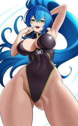 Rule 34 | 1girl, absurdres, arm up, blue hair, breasts, commission, cowboy shot, from below, gluteal fold, green eyes, hair between eyes, highleg, highleg leotard, highres, large breasts, leotard, long hair, looking at viewer, open mouth, original, ponytail, revenantart, solo
