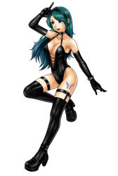 Rule 34 | 1girl, alternate color, alternate costume, asamiya athena, bare shoulders, blue hair, bracelet, breasts, choker, cleavage, dominatrix, earrings, elbow gloves, gloves, hairband, high heels, jewelry, long hair, purple eyes, shoes, snk, solo, tattoo, the king of fighters, thighhighs, v, yan fei toketsu