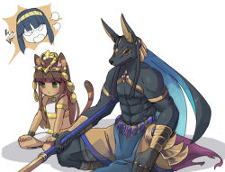 Rule 34 | 1boy, 1girl, aasjet, animal ears, anubis (p&amp;d), bad id, bad pixiv id, bastet (p&amp;d), brown hair, cat ears, dark skin, egyptian, indian style, ineshumi, isis (p&amp;d), puzzle &amp; dragons, serious, simple background, sitting