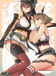 Rule 34 | 10s, 2girls, anchor, bare shoulders, black gloves, black hair, breasts, brown hair, chain, elbow gloves, fingerless gloves, gloves, green eyes, hairband, headgear, kantai collection, large breasts, long hair, midriff, multiple girls, mutsu (kancolle), nagato (kancolle), otsuki38, pleated skirt, red eyes, red legwear, short hair, skirt, striped clothes, striped legwear, striped thighhighs, thighhighs, white gloves, white skirt