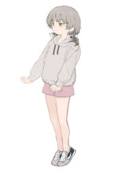 Rule 34 | 1girl, alternate costume, alternate eye color, animal, animal on shoulder, asasow, brown hair, closed mouth, commentary request, full body, grey hoodie, hatoba tsugu, hood, hood down, hoodie, long sleeves, looking ahead, medium hair, mole, mole under eye, opossum, outstretched arms, pink shorts, short shorts, shorts, simple background, smile, solo, standing, tiptoes, tsugu (vtuber), virtual youtuber, white background, yellow eyes