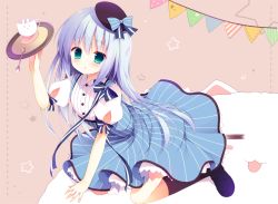 Rule 34 | 1girl, :o, angora rabbit, aqua eyes, arm up, beret, black footwear, black hat, black socks, blue bow, blue dress, blue hair, blush, bow, brown background, buttons, commentary request, cup, dress, flat chest, frilled dress, frills, full body, gochuumon wa usagi desu ka?, hat, hat bow, holding, holding tray, izumiyuhina, kafuu chino, kneehighs, kneeling, leaning forward, light blue hair, long hair, looking at viewer, open mouth, puffy short sleeves, puffy sleeves, rabbit, shirt, shoes, short sleeves, socks, spoon, star (symbol), striped bow, striped clothes, striped dress, tippy (gochiusa), tray, undershirt, vertical-striped clothes, vertical-striped dress, white shirt, wing collar