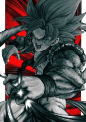 Rule 34 | 1boy, abs, biceps, body fur, brown fur, clenched hand, dragon ball, dragon ball gt, emphasis lines, fighting, fusion, gogeta, greyscale, greyscale with colored background, highres, incoming attack, incoming punch, male focus, metamoran vest, monkey boy, monkey tail, monochrome, motion blur, muscular, muscular male, no nipples, open mouth, pants, punching, red background, red hair, screaming, solo, spiked hair, studio viga, super saiyan, super saiyan 4, tail, white pants