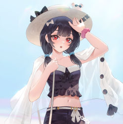 Rule 34 | 1girl, :o, arm up, black hair, black shirt, black shorts, blush, bow, breasts, cirilla lin, crop top, granblue fantasy, hair bow, hat, highres, holding strap, jacket, jacket on shoulders, long hair, looking at viewer, midriff, mouse (animal), red eyes, scrunchie, shirt, short twintails, shorts, small breasts, solo, strapless, strapless shirt, sun hat, twintails, vikala (granblue fantasy), white bow, white jacket, wrist scrunchie