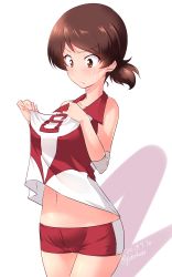 Rule 34 | 1girl, blush, brown eyes, brown hair, closed eyes, closed mouth, clothes lift, commentary, cowboy shot, dated, elbow pads, english text, frown, girls und panzer, highres, kawanishi shinobu, kuzuryuu kennosuke, lifting own clothes, navel, one-hour drawing challenge, oversized clothes, red shirt, red shorts, shirt, shirt lift, short hair, short ponytail, short shorts, shorts, simple background, single vertical stripe, sleeveless, sleeveless shirt, solo, sportswear, standing, sweatdrop, swept bangs, twitter username, volleyball uniform