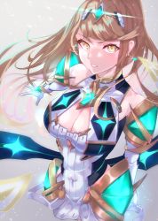 Rule 34 | 1girl, absurdres, bare shoulders, blonde hair, breasts, chest jewel, cleavage, cleavage cutout, clothing cutout, covered navel, cowboy shot, dress, earrings, elbow gloves, gem, gloves, highres, jewelry, large breasts, long hair, looking at viewer, mythra (xenoblade), parted lips, risumi (taka-fallcherryblossom), short dress, solo, swept bangs, tiara, white dress, white gloves, xenoblade chronicles (series), xenoblade chronicles 2, yellow eyes
