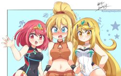 Rule 34 | absurdres, black one-piece swimsuit, blonde hair, breasts, chest jewel, competition swimsuit, crossover, gem, headpiece, highres, large breasts, metroid, mythra (radiant beach) (xenoblade), mythra (xenoblade), nintendo, one-piece swimsuit, pyra (pro swimmer) (xenoblade), pyra (xenoblade), red hair, red one-piece swimsuit, ribbed swimsuit, samus aran, strapless, strapless one-piece swimsuit, striped clothes, striped one-piece swimsuit, swept bangs, swimsuit, tiara, two-tone swimsuit, vertical-striped clothes, vertical-striped one-piece swimsuit, white one-piece swimsuit, xenoblade chronicles (series), xenoblade chronicles 2, yamagiwajustin