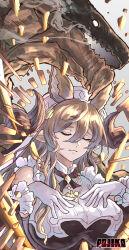 Rule 34 | 1girl, absurdres, animal ears, artist name, bare shoulders, breasts, brown hair, chikoinochi, closed eyes, closed mouth, detached sleeves, dragon, elbow gloves, extra ears, frilled sleeves, frills, galleon (granblue fantasy), gloves, granblue fantasy, hair between eyes, hair ornament, hand on own chest, highres, horns, large breasts, long hair, multicolored hair, pointy ears, smile, streaked hair, weapon, white gloves